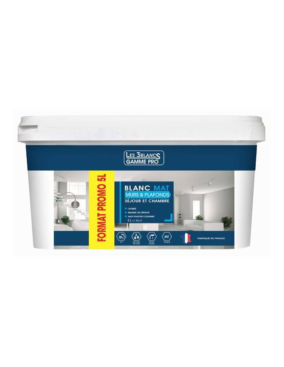 Peinture Blanche Mat 5 Litres - Les 3 Blancs - Image 1