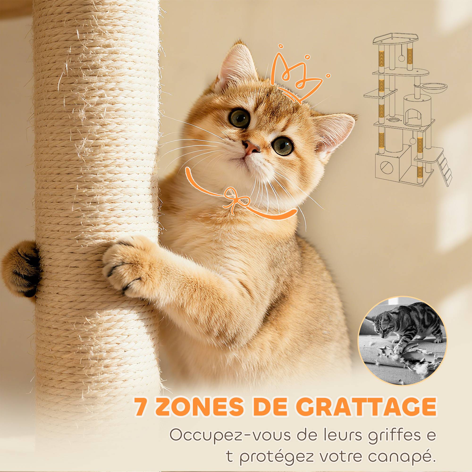 Sans Marque - Arbre à chat XXL 7 poteaux sisal, 3 plateformes, 2 niches, tunnel, hamac et pompons, centre activité chat intérieur 170 cm gris foncé - Image 10