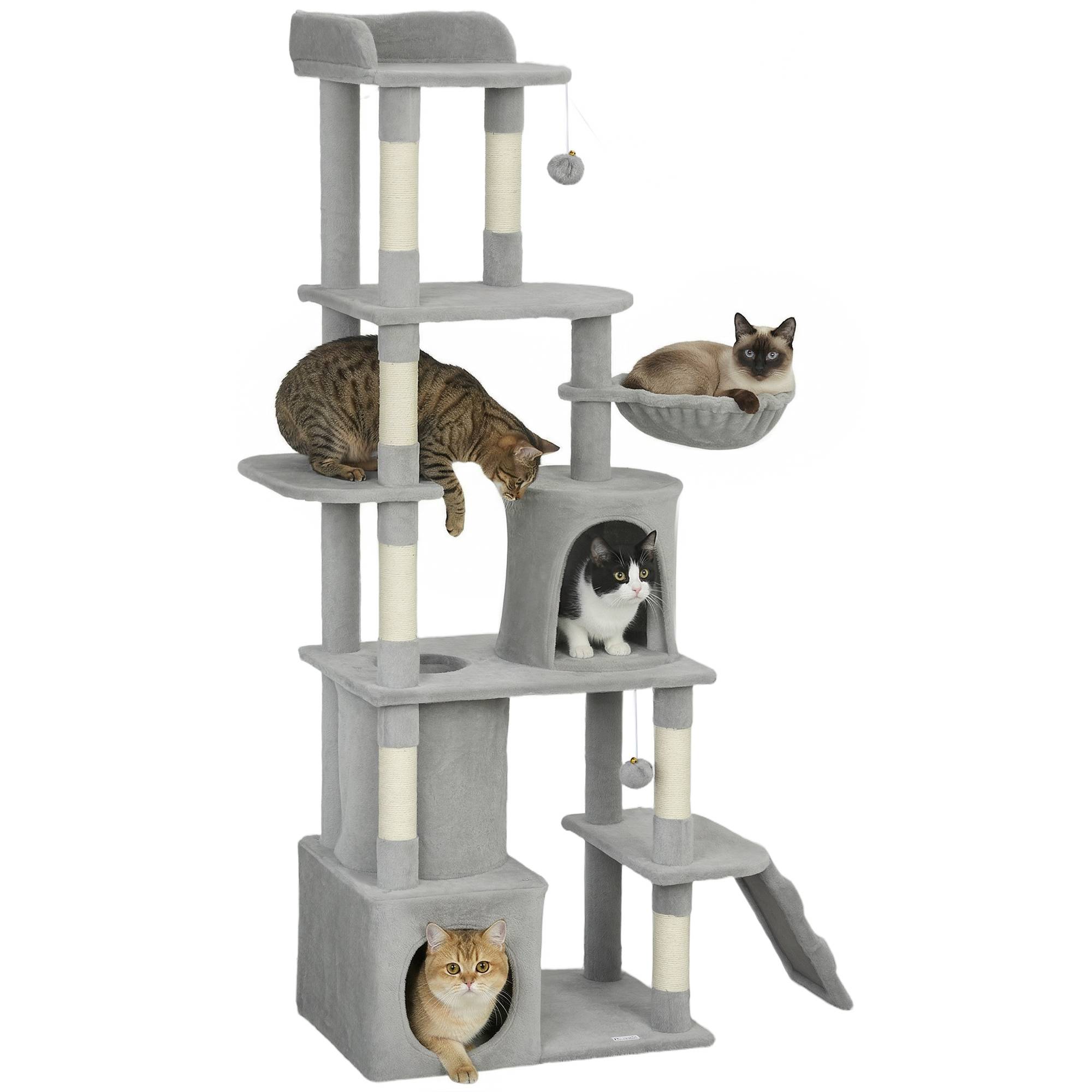 Sans Marque - Arbre à chat XXL 7 poteaux sisal, 3 plateformes, 2 niches, tunnel, hamac et pompons, centre activité chat intérieur 170 cm gris foncé - Image 1