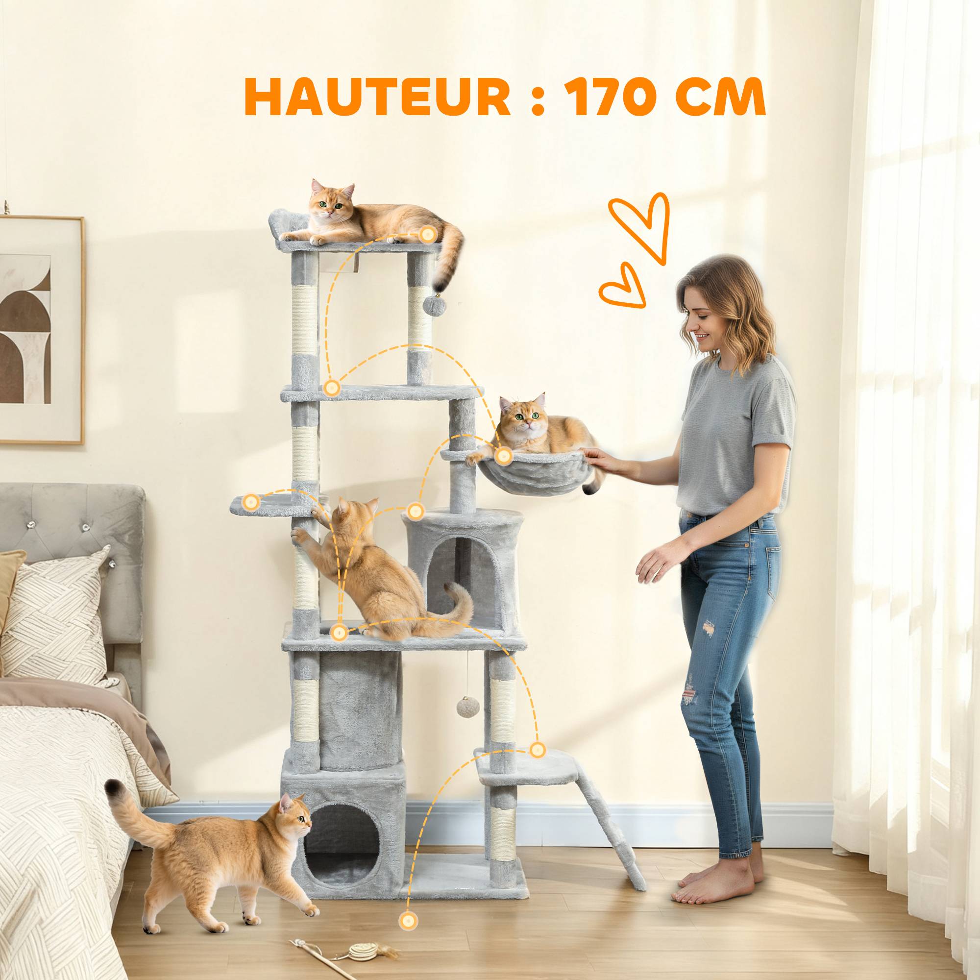 Sans Marque - Arbre à chat XXL 7 poteaux sisal, 3 plateformes, 2 niches, tunnel, hamac et pompons, centre activité chat intérieur 170 cm gris foncé - Image 6