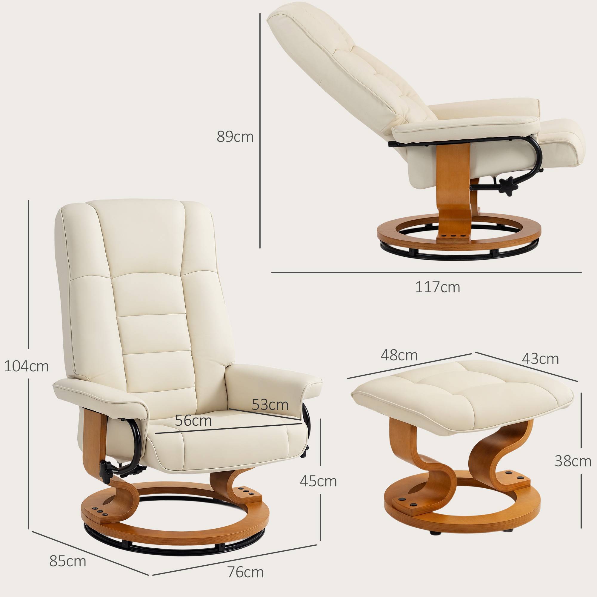 Sans Marque - Fauteuil de relaxation inclinable avec repose-pied, pivotant, cadre en bois , revêtement synthétique crème - Image 5