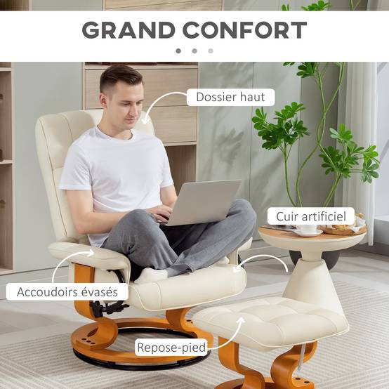 Sans Marque - Fauteuil de relaxation inclinable avec repose-pied, pivotant, cadre en bois , revêtement synthétique crème - Image 8