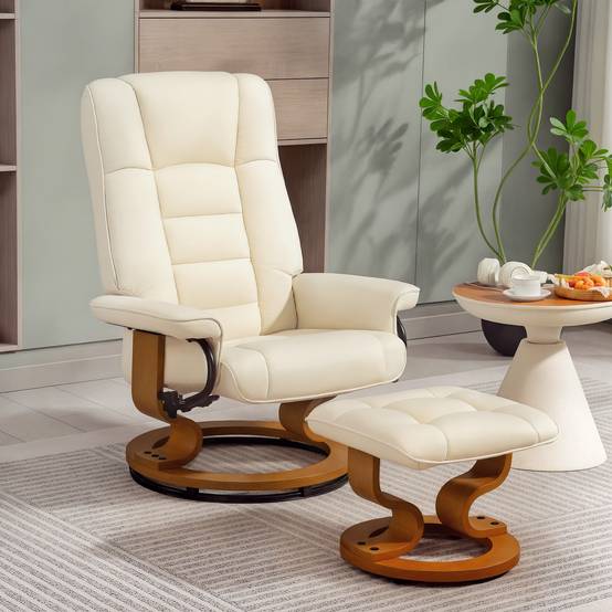 Sans Marque - Fauteuil de relaxation inclinable avec repose-pied, pivotant, cadre en bois , revêtement synthétique crème - Image 3
