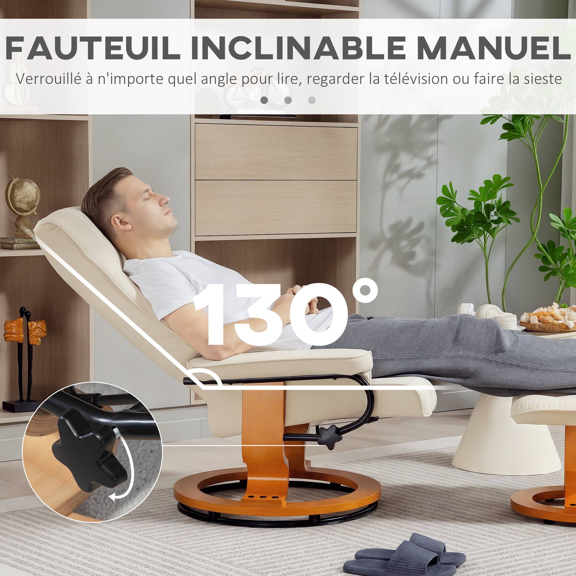 Sans Marque - Fauteuil de relaxation inclinable avec repose-pied, pivotant, cadre en bois , revêtement synthétique crème - Image 6