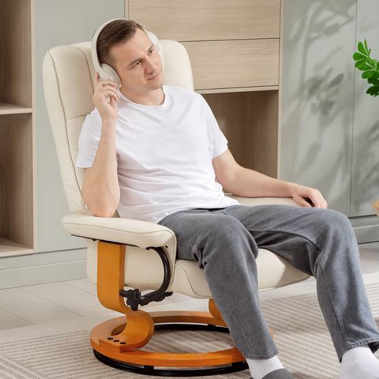 Sans Marque - Fauteuil de relaxation inclinable avec repose-pied, pivotant, cadre en bois , revêtement synthétique crème - Image 10