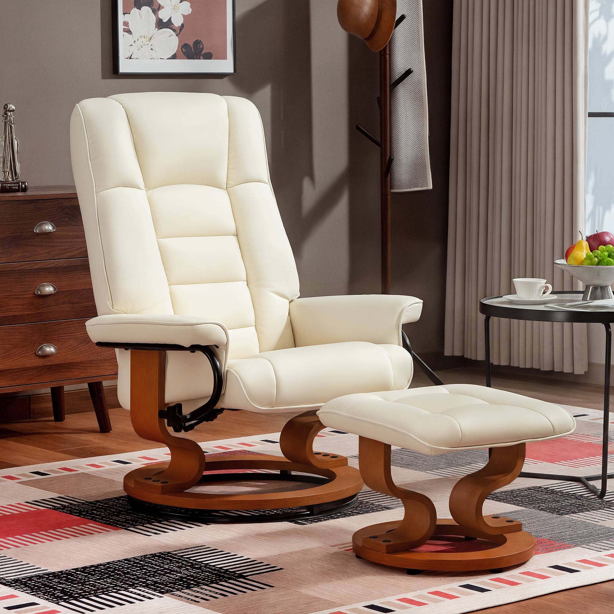 Sans Marque - Fauteuil de relaxation inclinable avec repose-pied, pivotant, cadre en bois , revêtement synthétique crème - Image 4