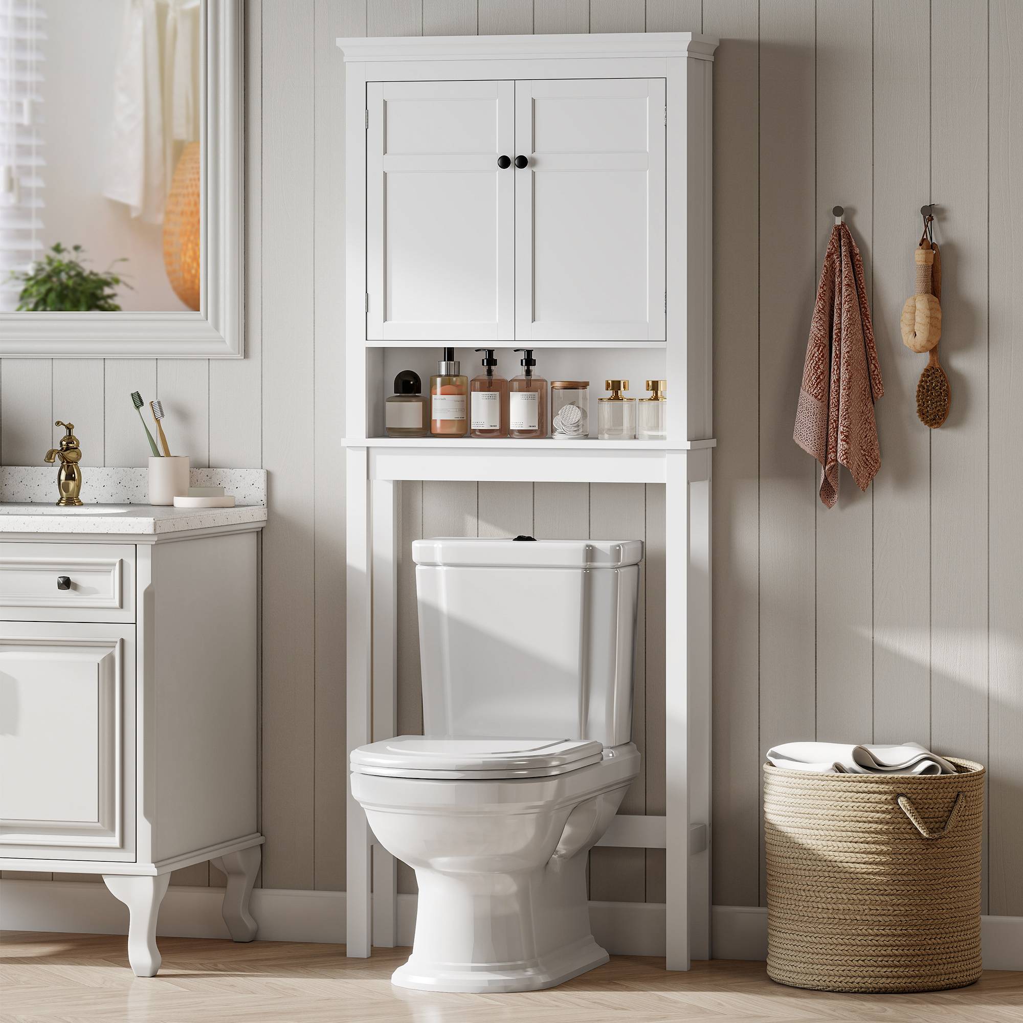 Sans Marque - Meuble WC dessus toilette meuble machine à laver meuble salle bain placard 2 portes étagères réglables blanc - Image 3