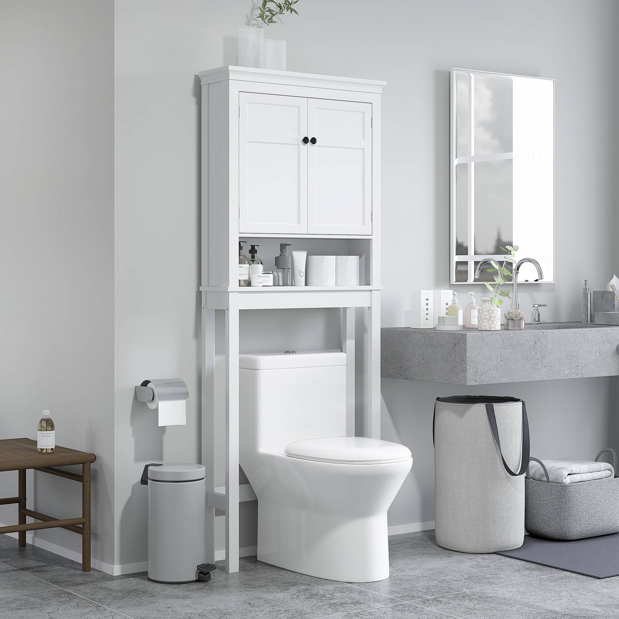 Sans Marque - Meuble WC dessus toilette meuble machine à laver meuble salle bain placard 2 portes étagères réglables blanc - Image 4