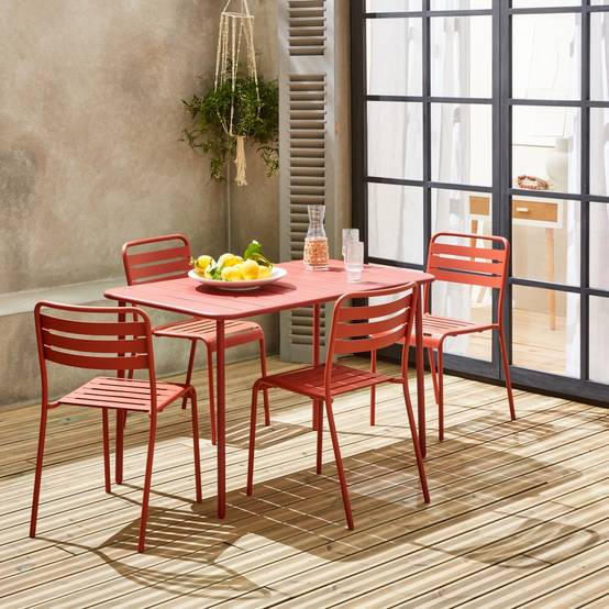 sweeek - Table de jardin métal + 4 assises terracotta en acier. Amelia. 120x70xH72.5cm (12.2kg) | sweeek - Image 1