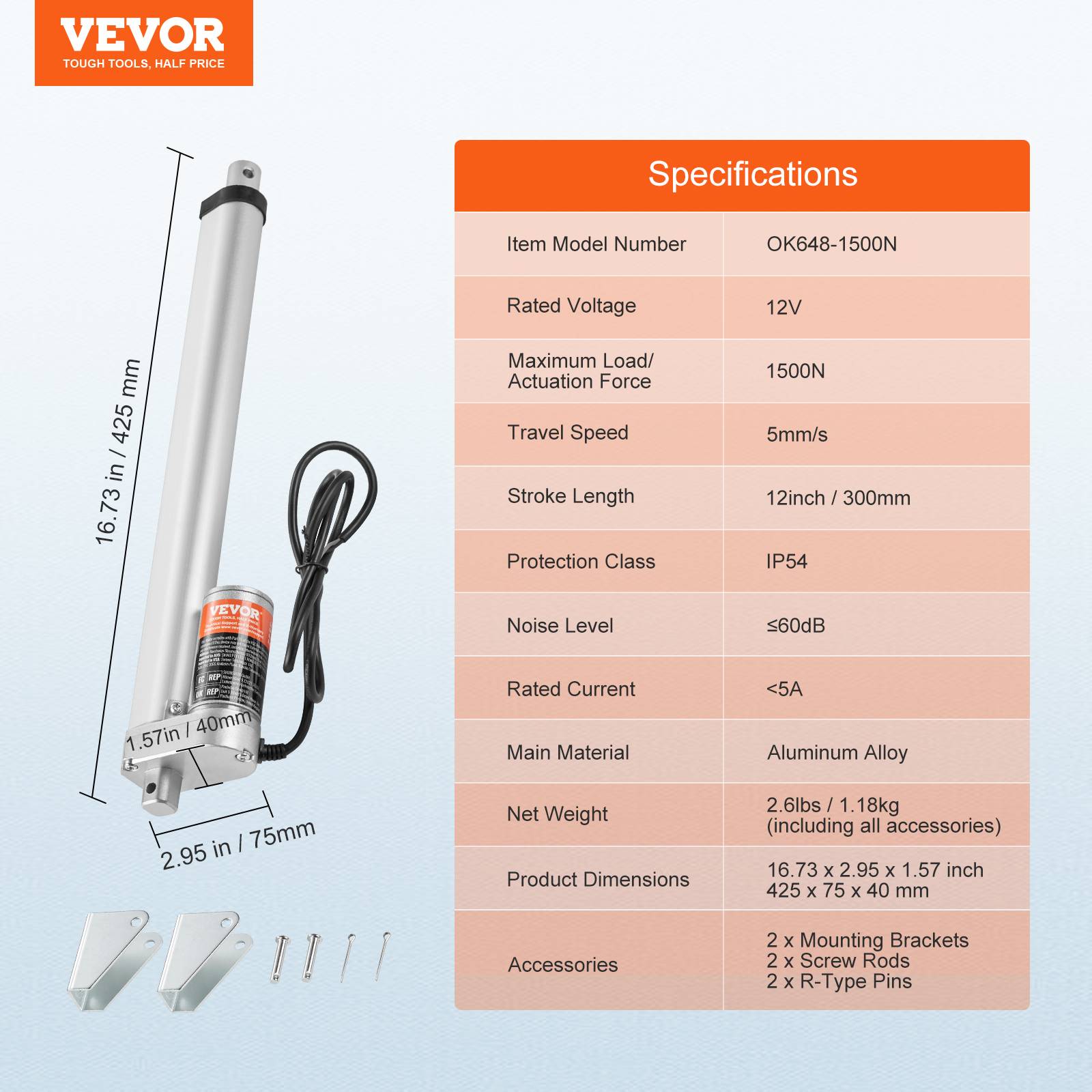 VEVOR Actionneur linéaire 12V 300mm 1500N 5mm/s, IP54, pour meubles, automatisation, équipements mécaniques. - Image 7