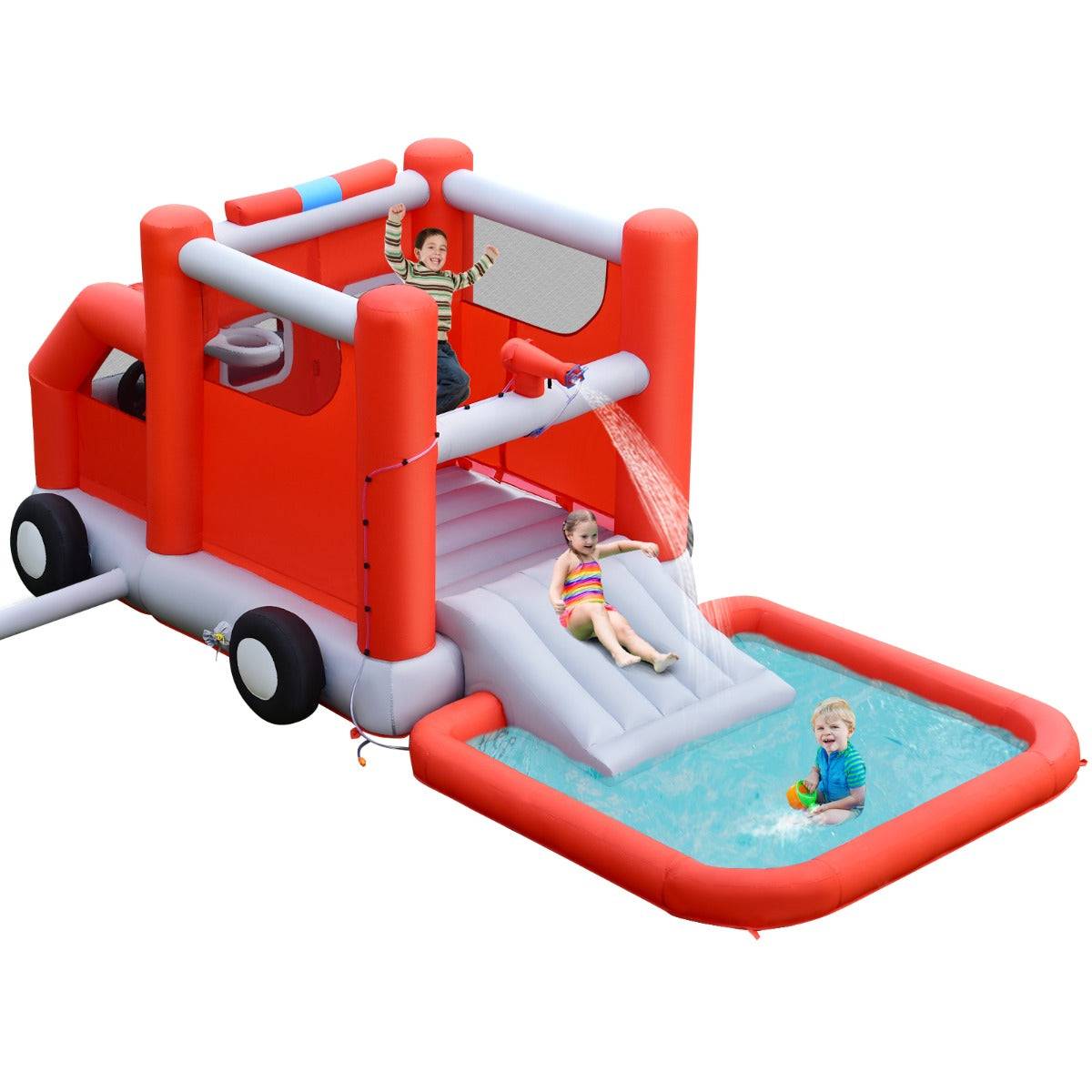 Helloshop26 - Toboggan aquatique gonflable sur thème voiture de pompiers avec piscine à eclaboussures ballon de basket sans gonfleur - Image 1