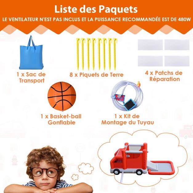 Helloshop26 - Toboggan aquatique gonflable sur thème voiture de pompiers avec piscine à eclaboussures ballon de basket sans gonfleur - Image 7