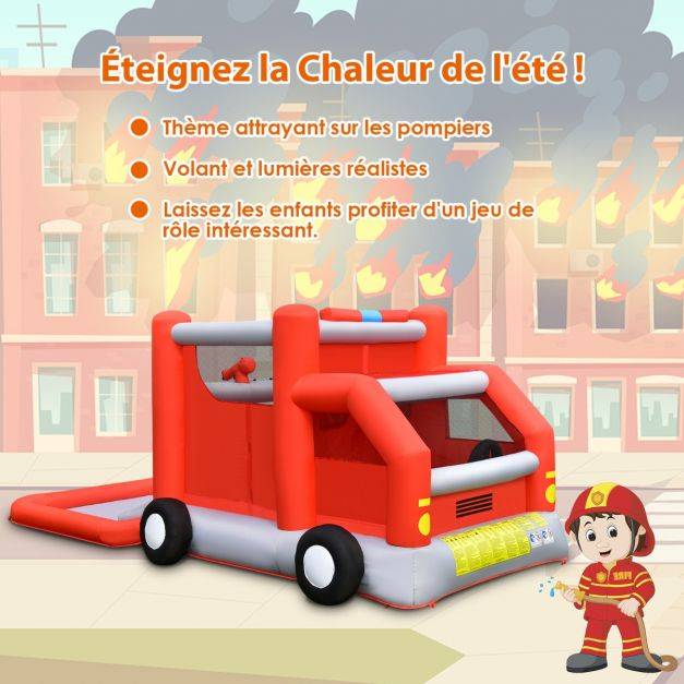 Helloshop26 - Toboggan aquatique gonflable sur thème voiture de pompiers avec piscine à eclaboussures ballon de basket sans gonfleur - Image 4