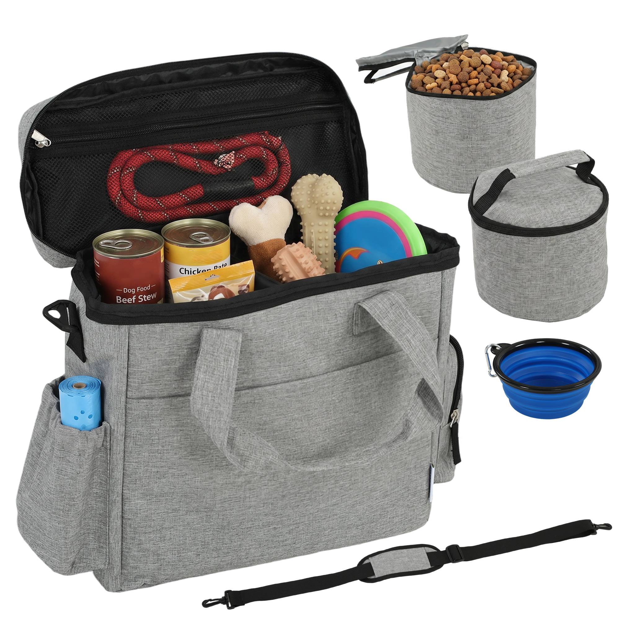 Sans Marque - Cage transport chien plusieurs compartiments 2 gamelles pliable bol silicone 38x17x35 cm gris clair - Image 1