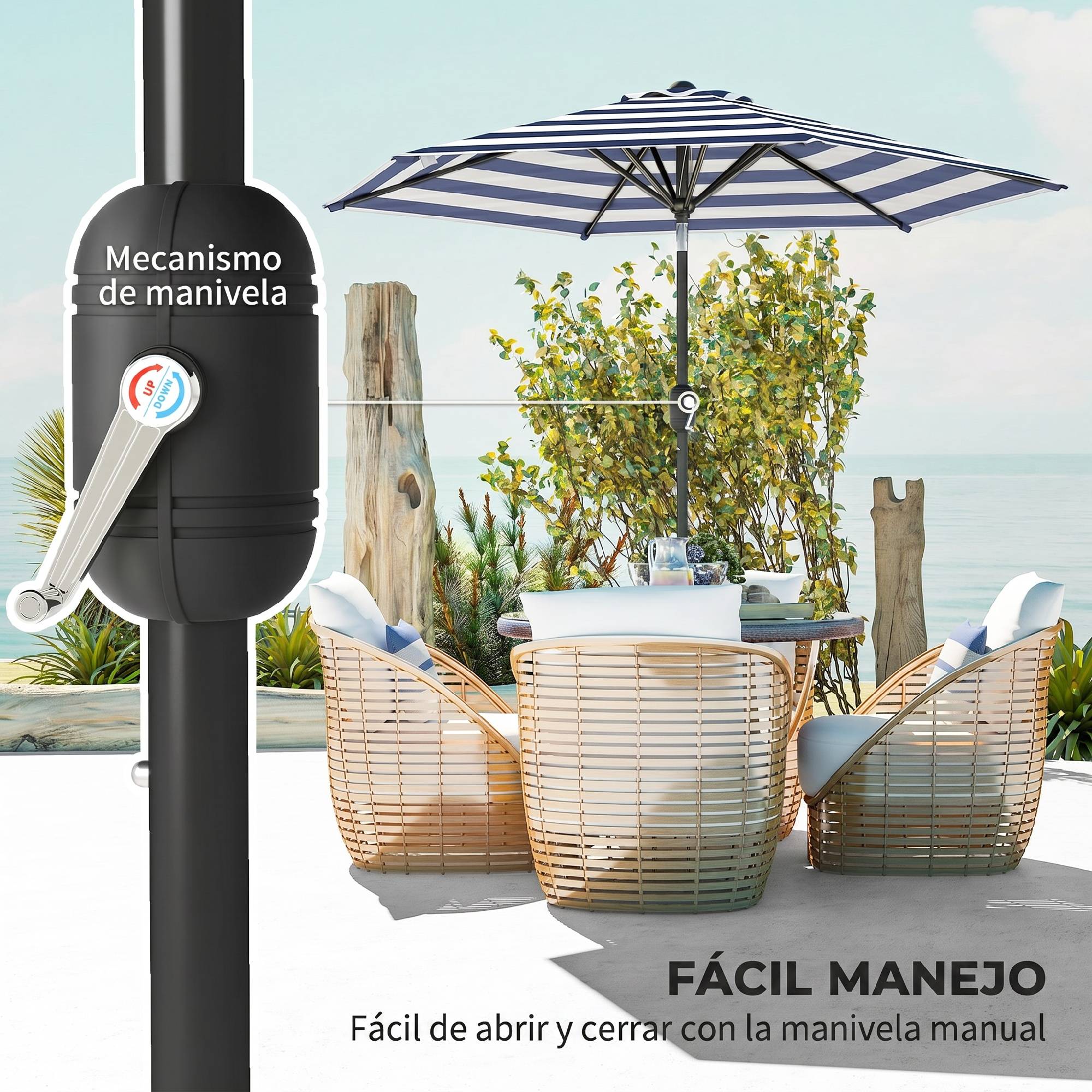 Parasol jardin Ø230x216 cm, ouverture manuelle, angle ajustable, impermeable, terrasse piscine, bleu blanc - Image 6