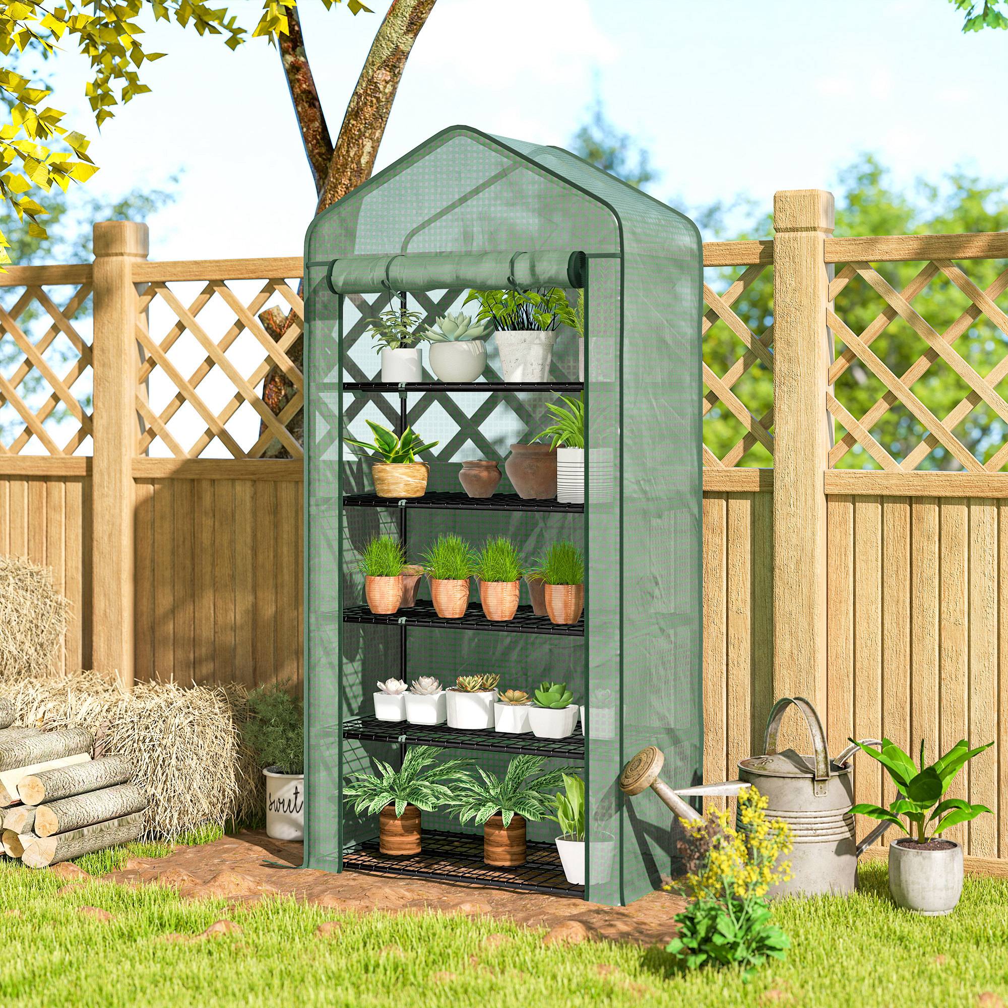 Outsunny - Serre de jardin 5 étagères 90x49x193cm balcon bâche 135g/m² porte zippée enroulable pour plantes châssis acier vert - Outsunny - Image 9