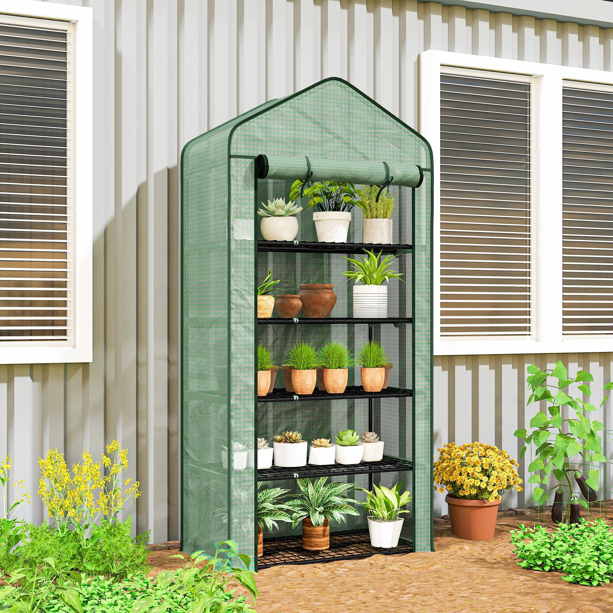 Outsunny - Serre de jardin 5 étagères 90x49x193cm balcon bâche 135g/m² porte zippée enroulable pour plantes châssis acier vert - Outsunny - Image 2