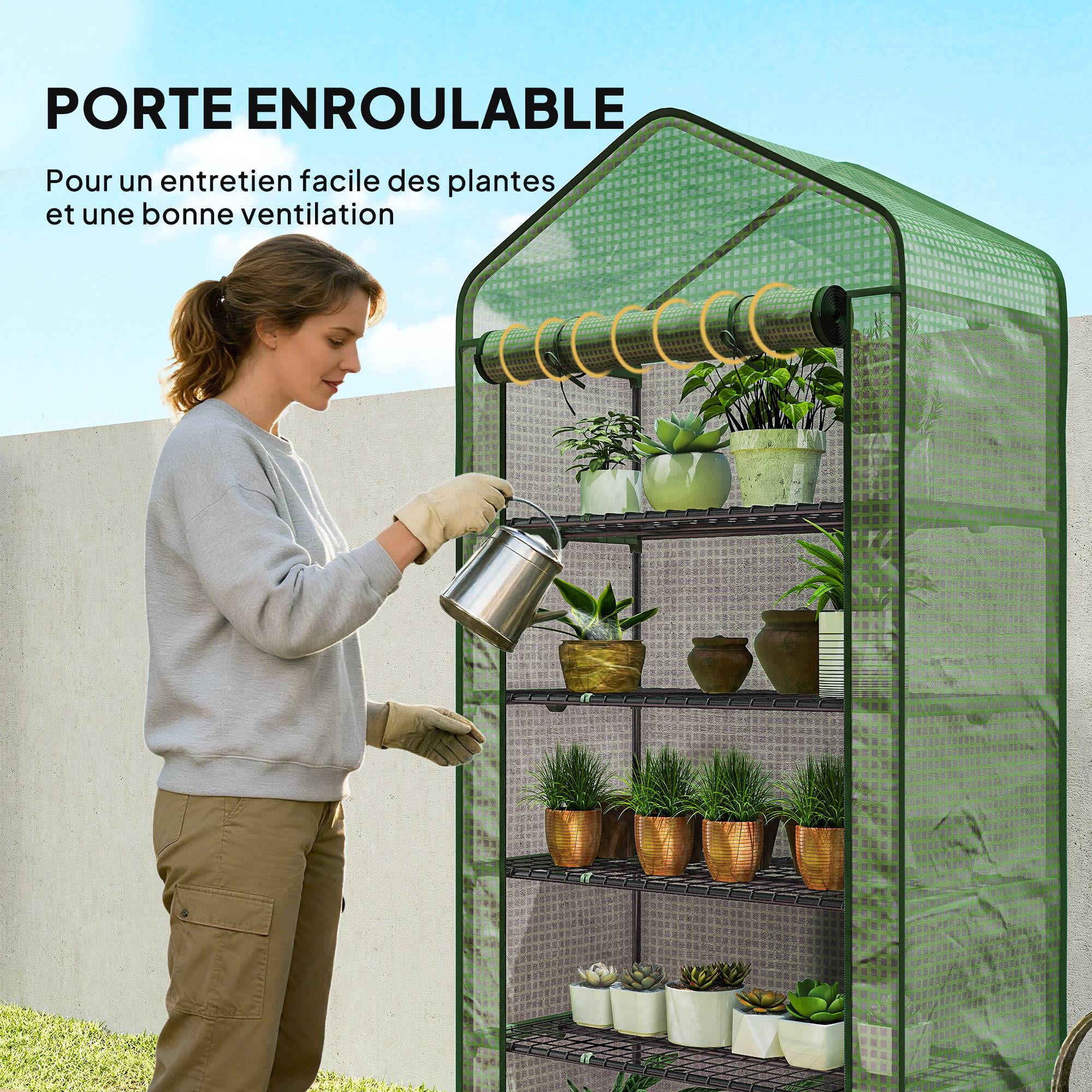 Outsunny - Serre de jardin 5 étagères 90x49x193cm balcon bâche 135g/m² porte zippée enroulable pour plantes châssis acier vert - Outsunny - Image 7