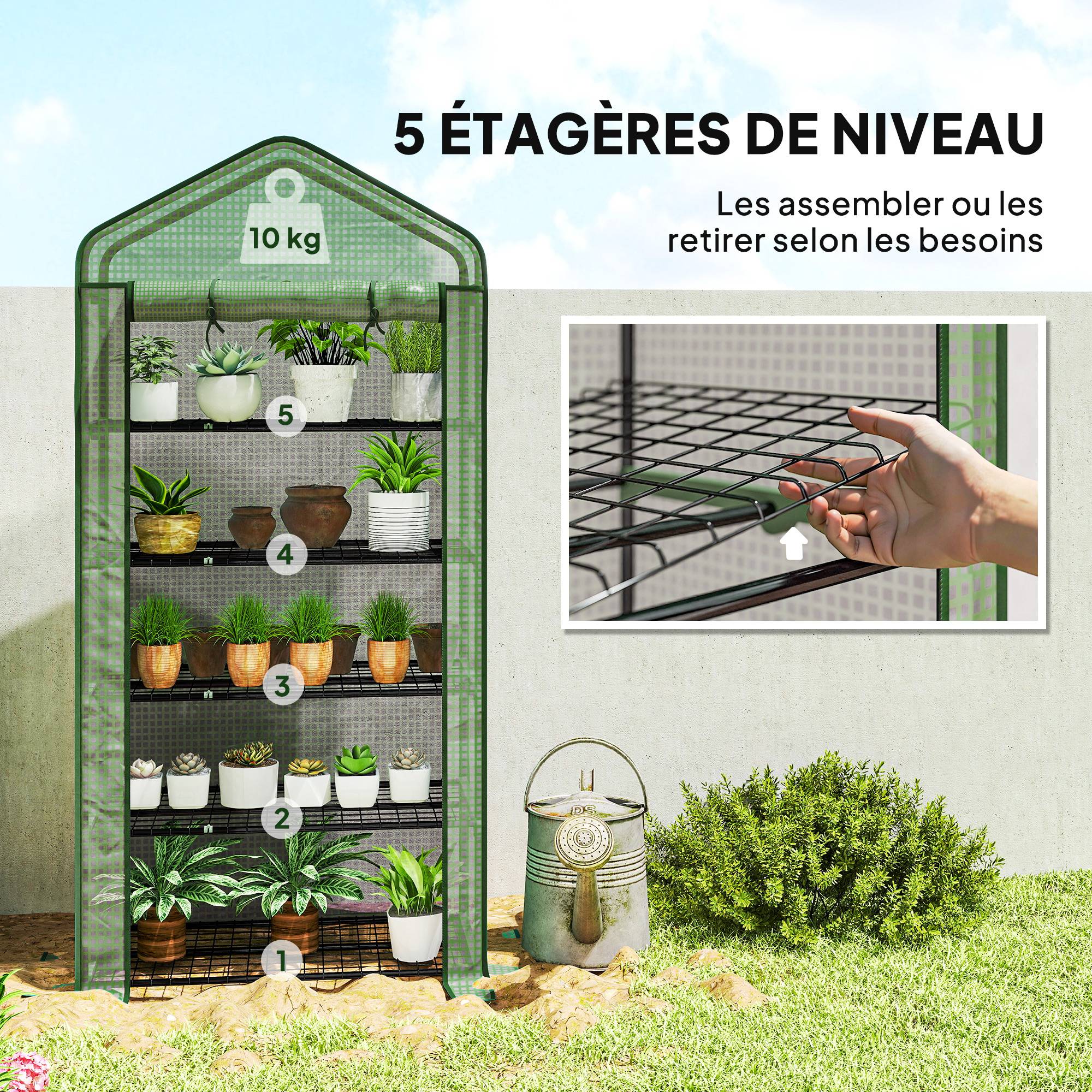 Outsunny - Serre de jardin 5 étagères 90x49x193cm balcon bâche 135g/m² porte zippée enroulable pour plantes châssis acier vert - Outsunny - Image 5