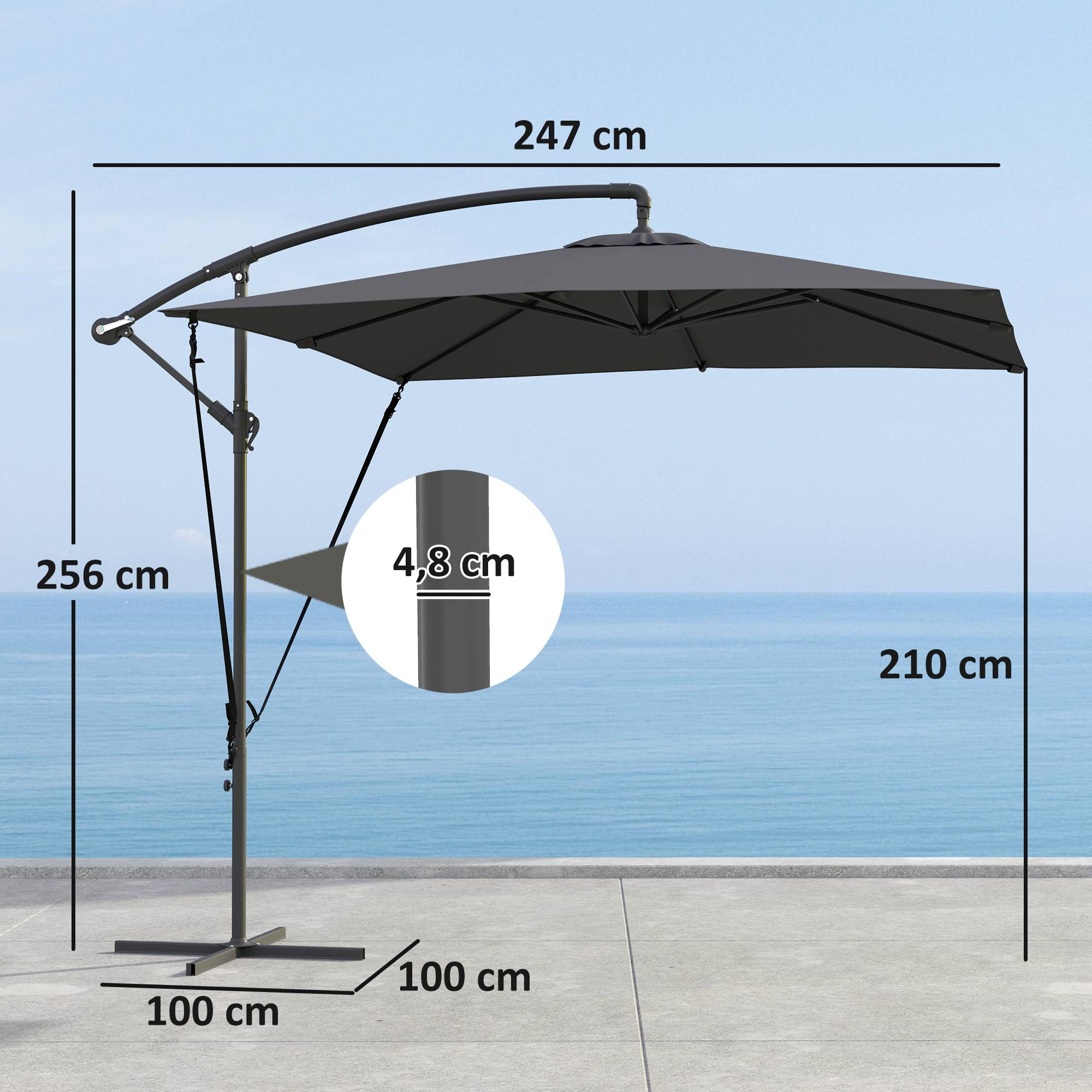 ComfortXL - Parasol déporté carré en polyester ajustable base croisée housse protection 247cm gris foncé - ComfortXL Outdoor Living - Image 5
