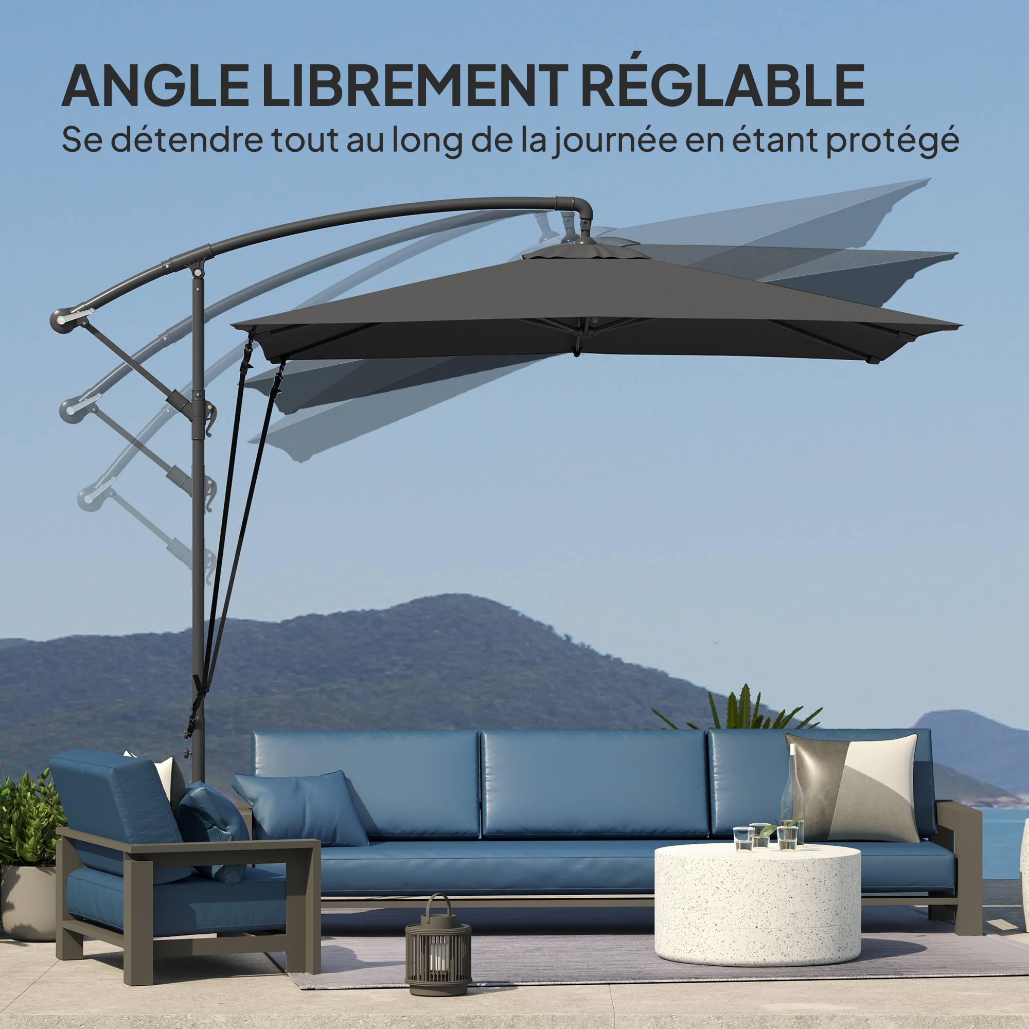 ComfortXL - Parasol déporté carré en polyester ajustable base croisée housse protection 247cm gris foncé - ComfortXL Outdoor Living - Image 8
