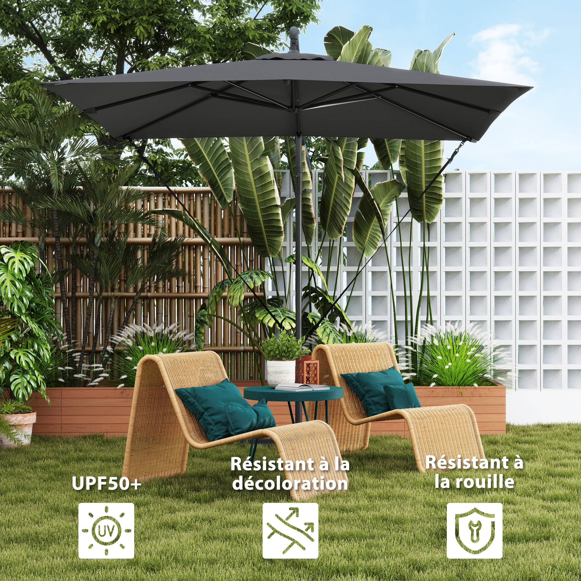 ComfortXL - Parasol déporté carré en polyester ajustable base croisée housse protection 247cm gris foncé - ComfortXL Outdoor Living - Image 7