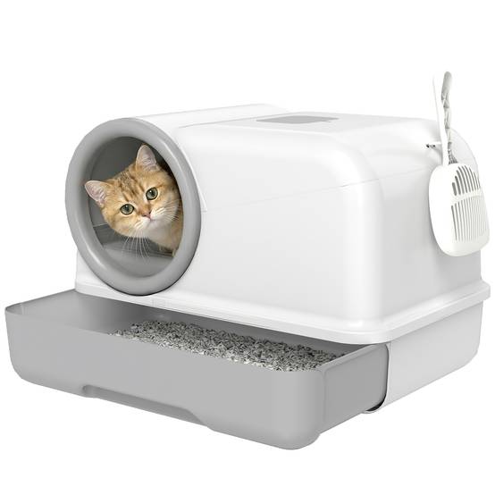 bac litière chat fermé plateau pelle sacs désodorisants PP 59x39,5x39,5 cm blanc gris hygiénique maison chat - Image 1