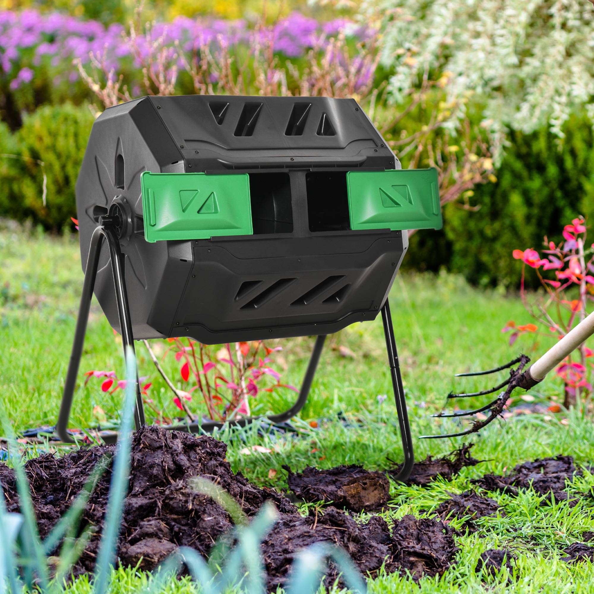 ComfortXL - Composteur rotatif double bac acier et PP 160 L 71x65x96 cm jardin compostage continu - ComfortXL Outdoor Living - Image 4
