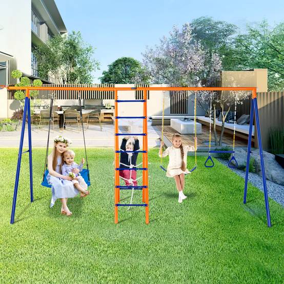 VEVOR Balançoire extérieure 6 fonctions (2 balançoires, trapèze, etc.), cadre métal, pour enfants 3 ans+, capacité 440 lb. - Image 1