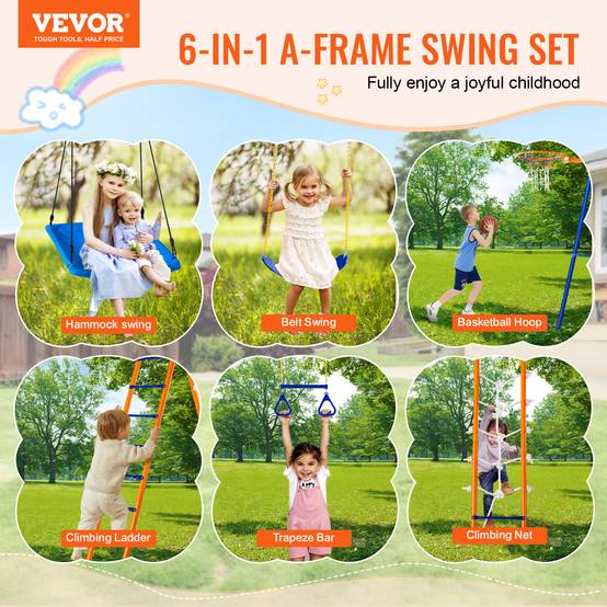 VEVOR Balançoire extérieure 6 fonctions (2 balançoires, trapèze, etc.), cadre métal, pour enfants 3 ans+, capacité 440 lb. - Image 2