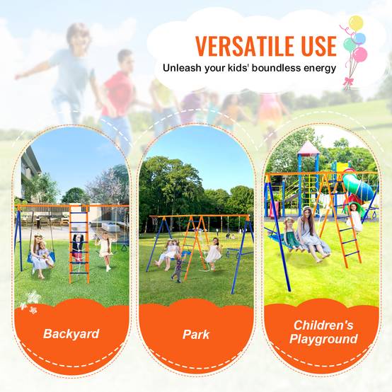 VEVOR Balançoire extérieure 6 fonctions (2 balançoires, trapèze, etc.), cadre métal, pour enfants 3 ans+, capacité 440 lb. - Image 6