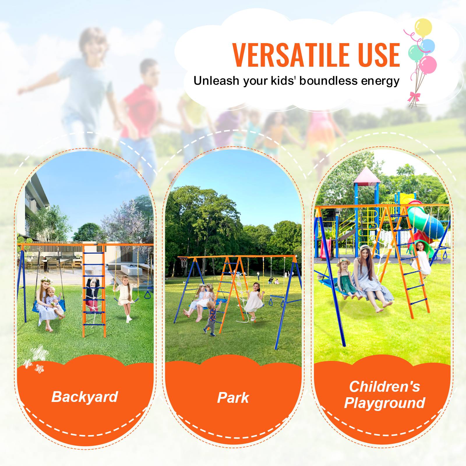 VEVOR Balançoire extérieure 6 fonctions (2 balançoires, trapèze, etc.), cadre métal, pour enfants 3 ans+, capacité 440 lb. - Image 6