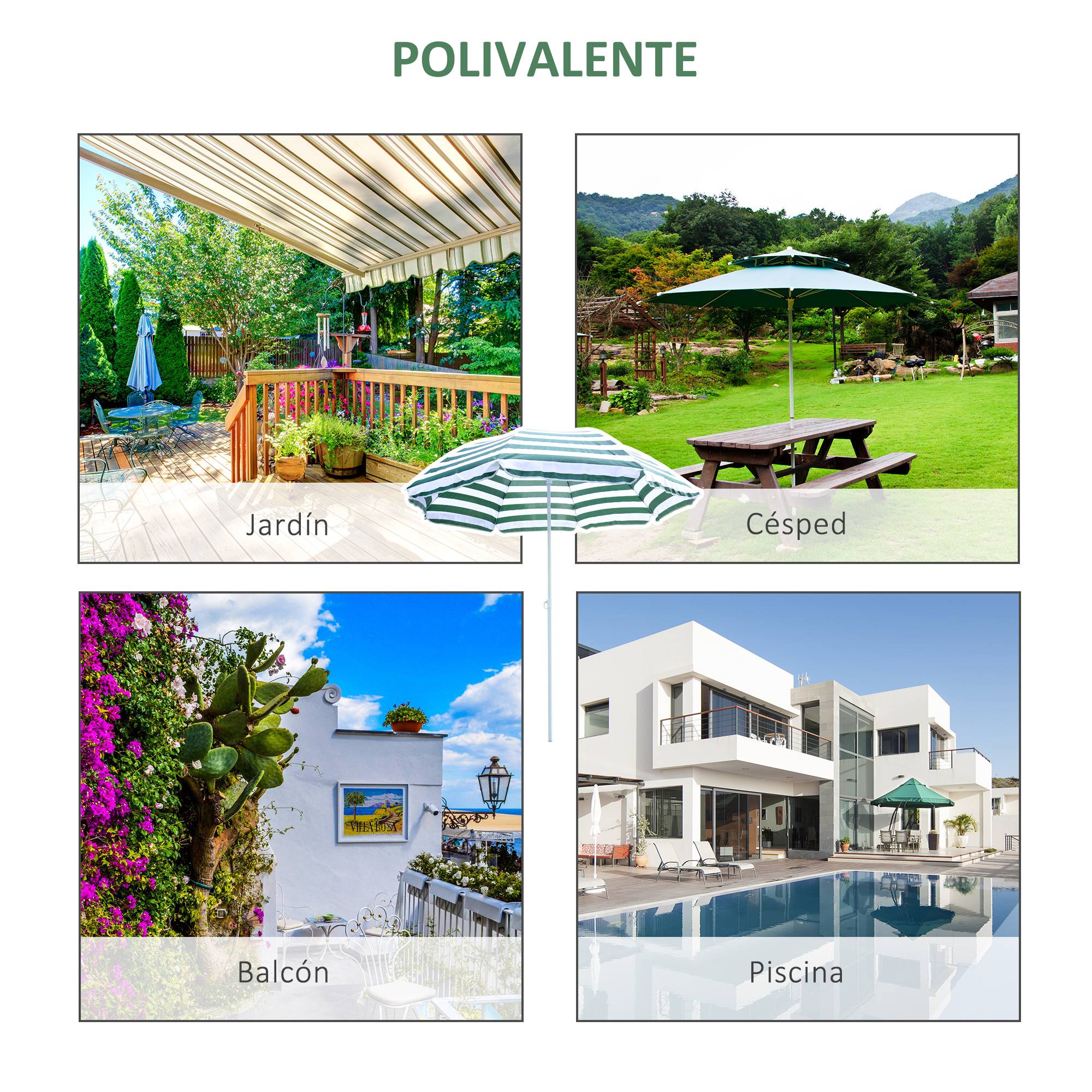 Parasol plage Ø180 cm, toit inclinable, mat metal, protection solaire, jardin terrasse, rayures vert blanc - Image 8