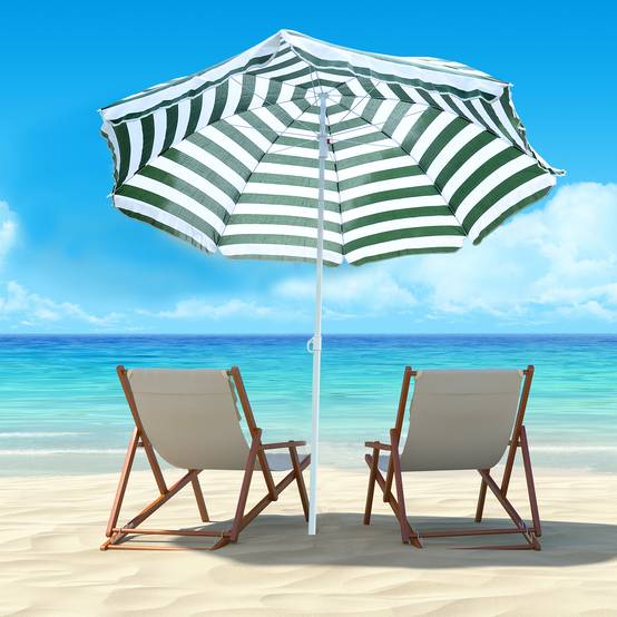 Parasol plage Ø180 cm, toit inclinable, mat metal, protection solaire, jardin terrasse, rayures vert blanc - Image 3
