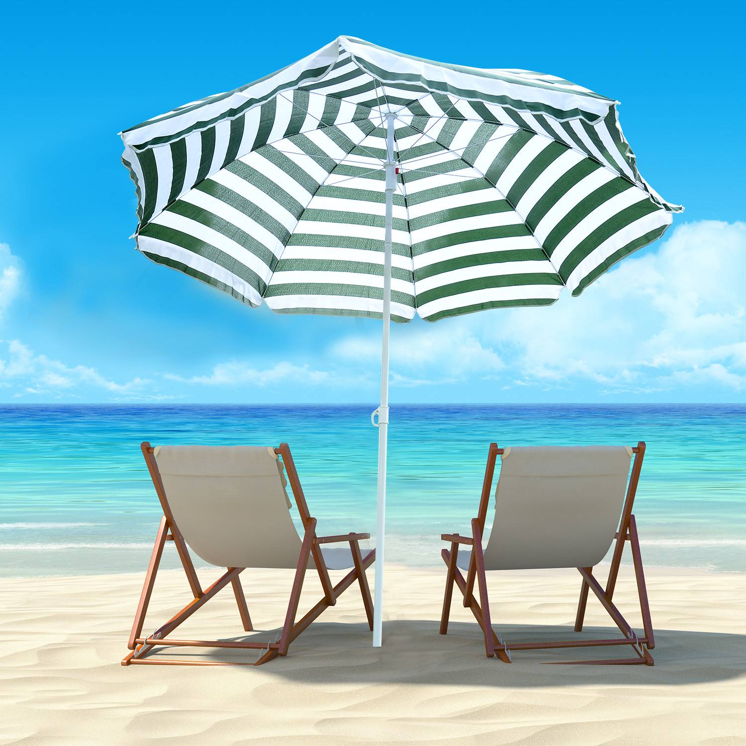 Parasol plage Ø180 cm, toit inclinable, mat metal, protection solaire, jardin terrasse, rayures vert blanc - Image 3