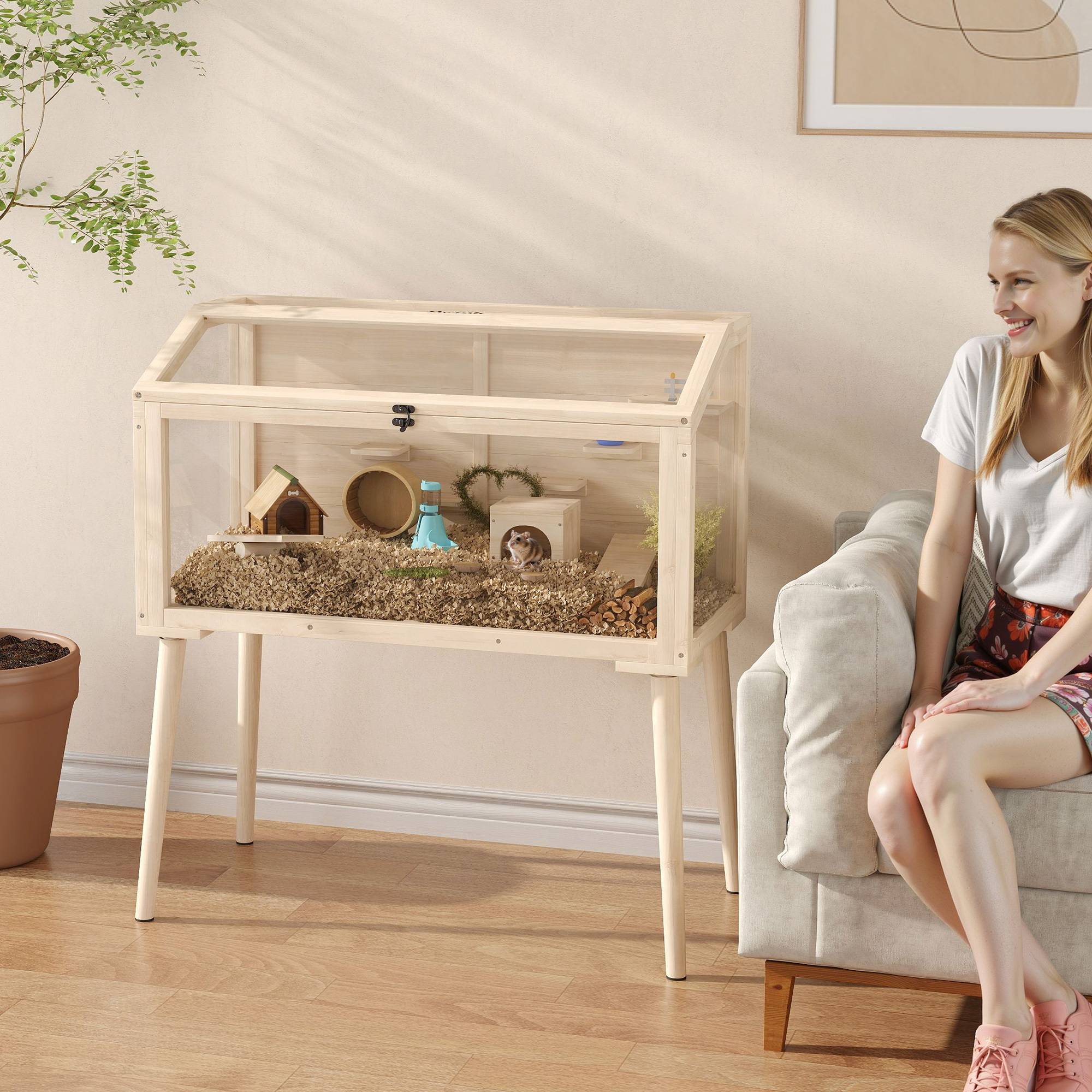 Cage pour rongeur bois naturel 110 x 52 x 101 cm - PANGIVO - Image 3