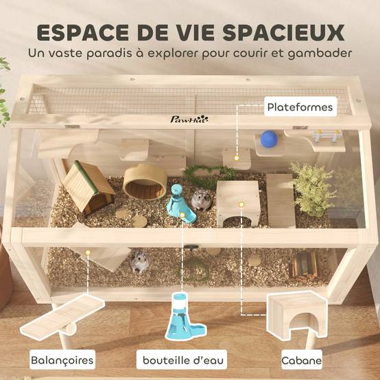 Cage pour rongeur bois naturel 110 x 52 x 101 cm - PANGIVO - Image 6