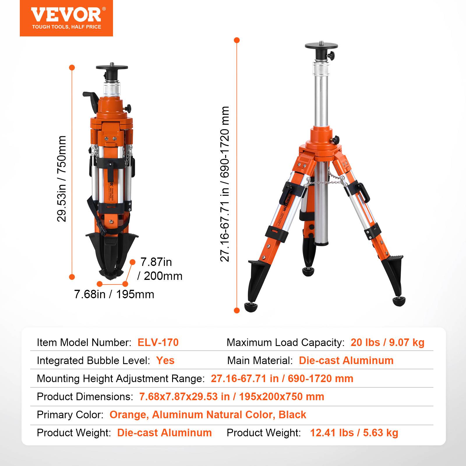 Vevor - VEVOR Trépied niveau laser 5/8"-11, hauteur 69-172cm, robuste, niveau, limiteur, pieds antidérapants. - Image 7