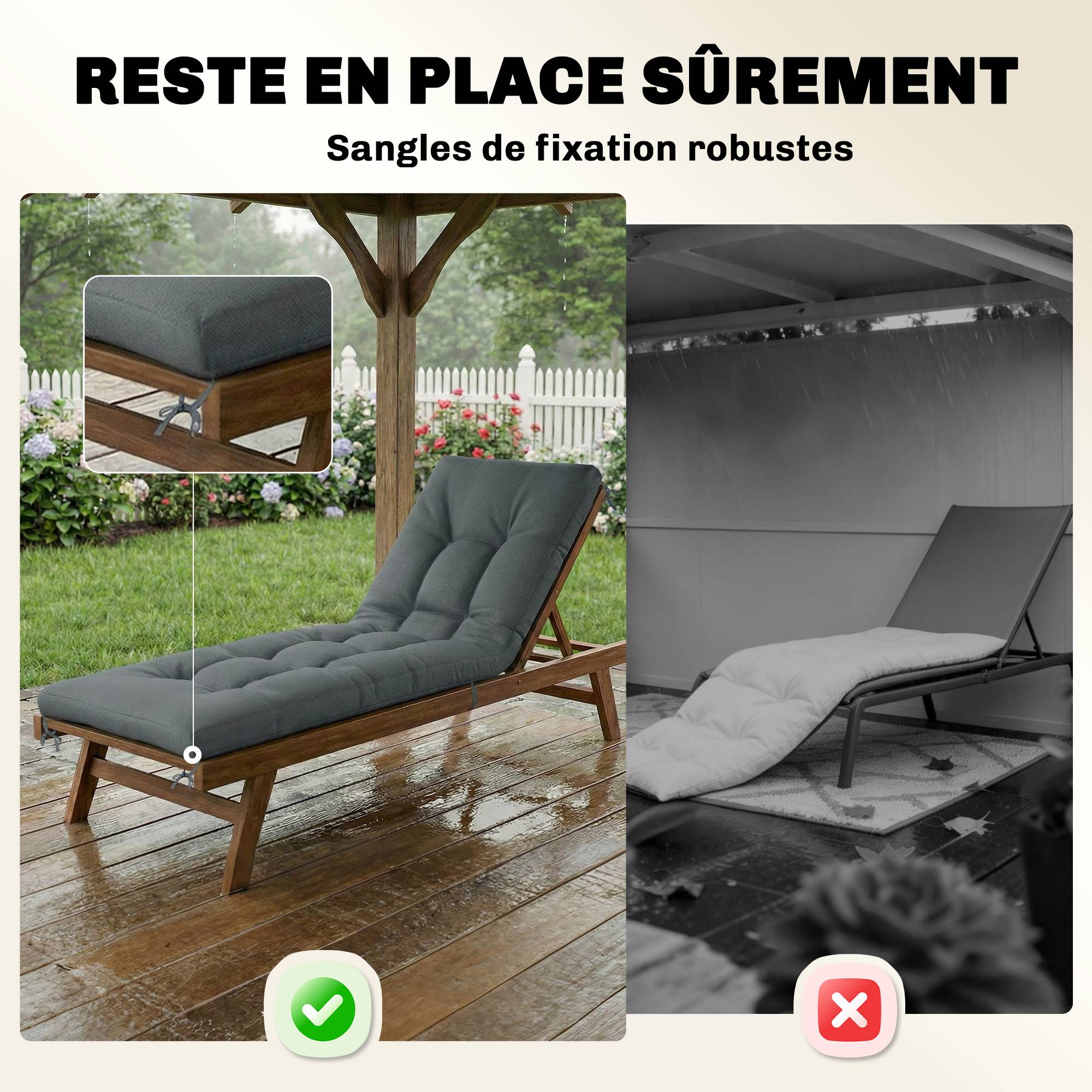 Coussin Bain de Soleil Chaise Longue en Mousse à Mémoire avec Sangles, Protection UV50+, 198x65x13cm, Gris foncé - Image 9