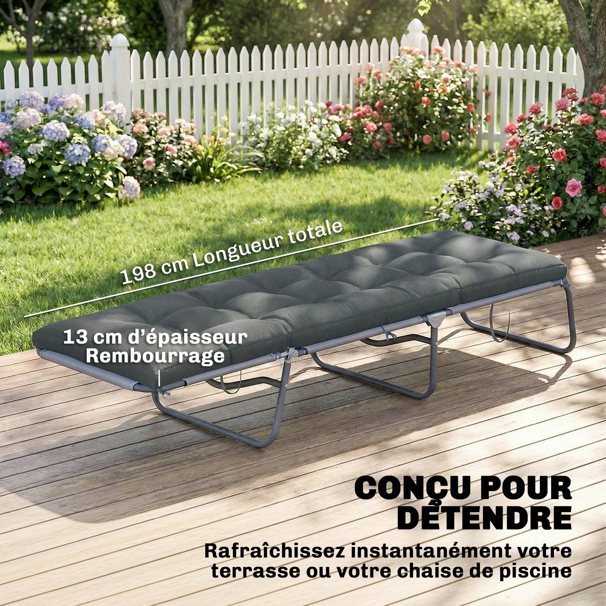 Coussin Bain de Soleil Chaise Longue en Mousse à Mémoire avec Sangles, Protection UV50+, 198x65x13cm, Gris foncé - Image 6