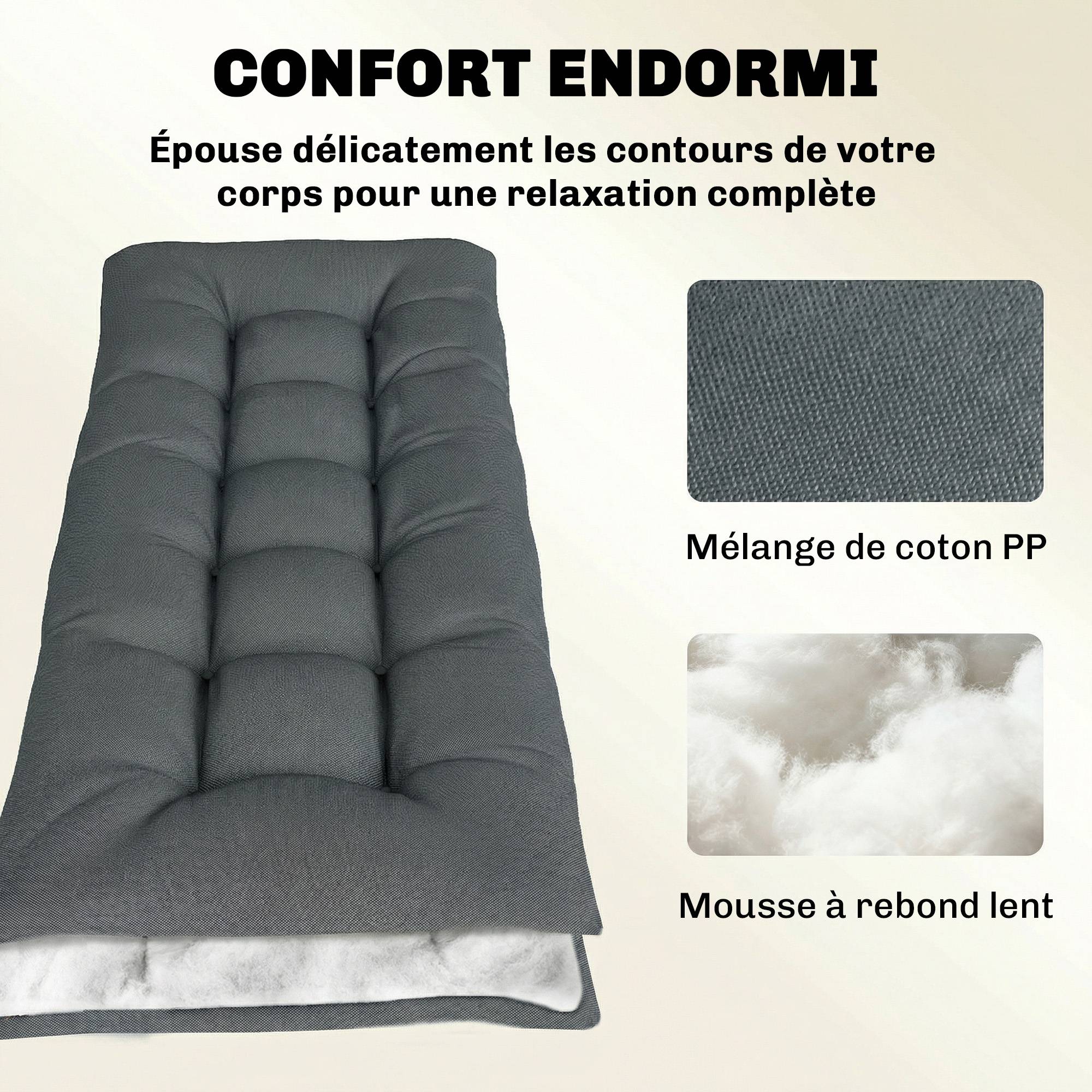 Coussin Bain de Soleil Chaise Longue en Mousse à Mémoire avec Sangles, Protection UV50+, 198x65x13cm, Gris foncé - Image 7