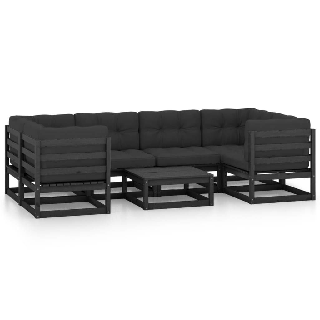 Helloshop26 - Salon de jardin meuble d'extérieur ensemble de mobilier 7 pièces avec coussins noir bois de pin massif - Image 1