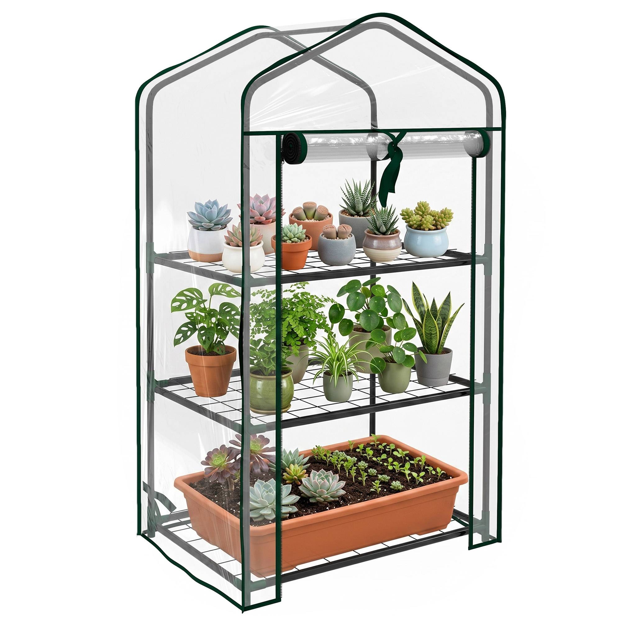 Sans Marque - Mini serre de jardin avec bâche en PE, 3 étagères et porte enroulable, 59 x 39 x 127 cm, transparente - Image 1