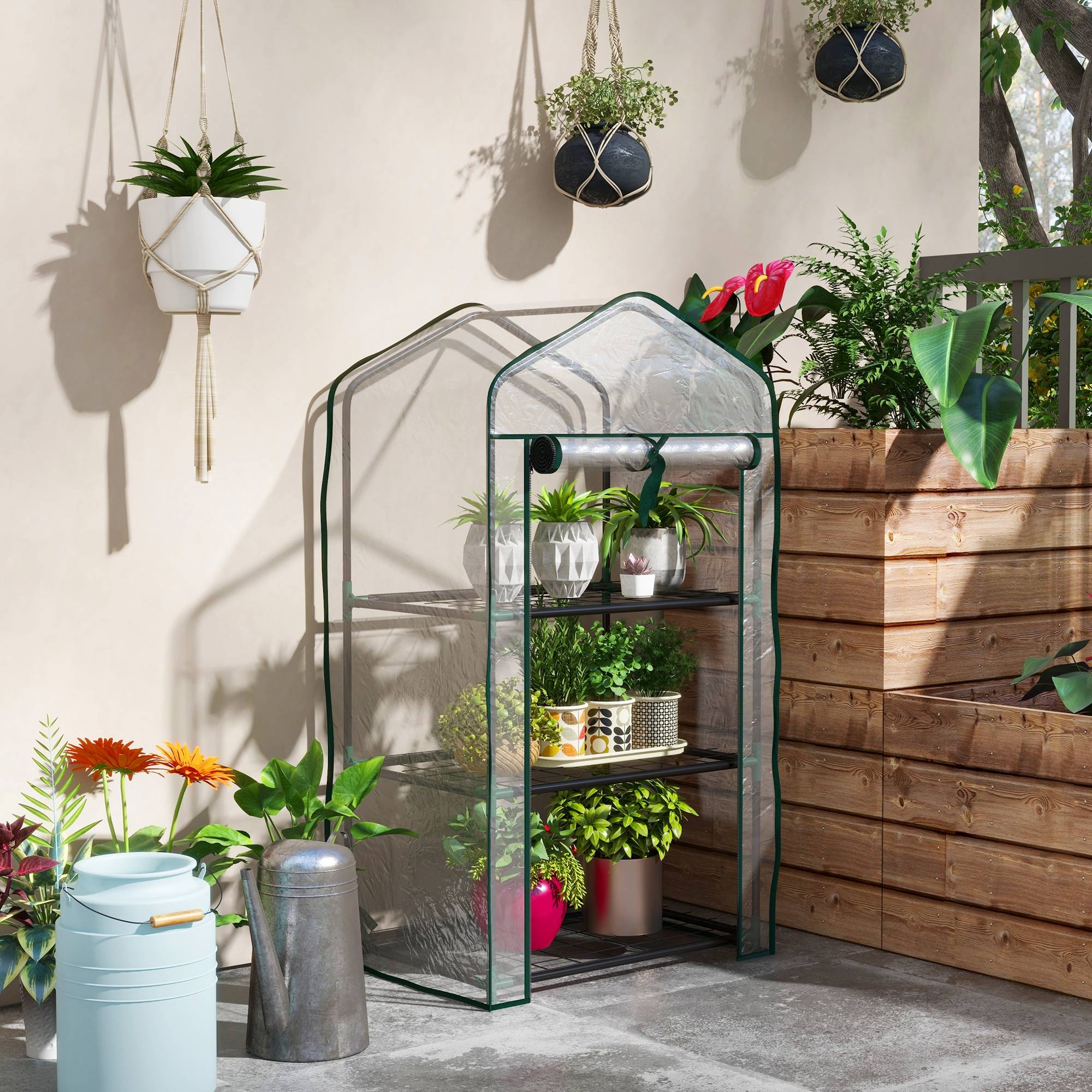 Sans Marque - Mini serre de jardin avec bâche en PE, 3 étagères et porte enroulable, 59 x 39 x 127 cm, transparente - Image 3
