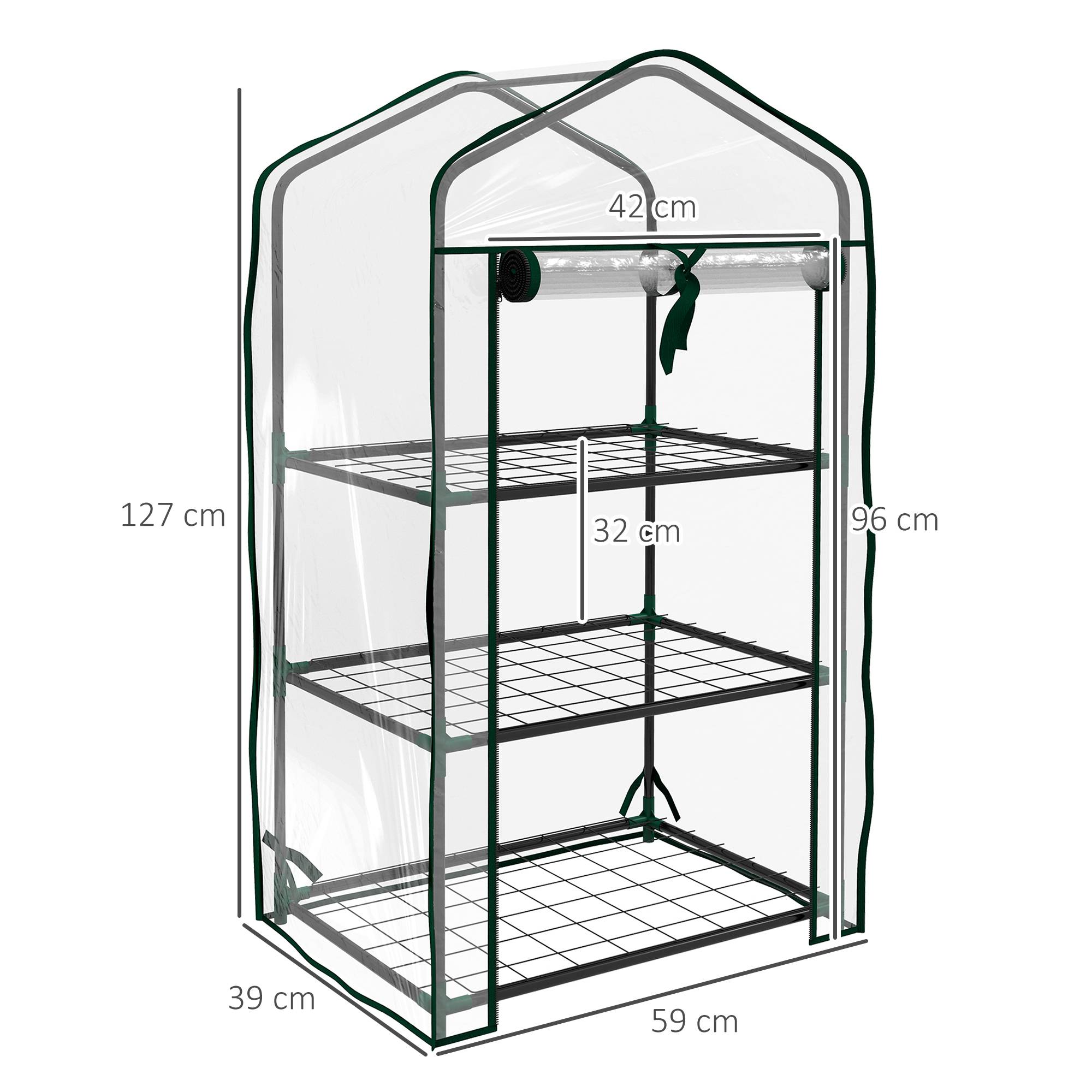 Sans Marque - Mini serre de jardin avec bâche en PE, 3 étagères et porte enroulable, 59 x 39 x 127 cm, transparente - Image 5