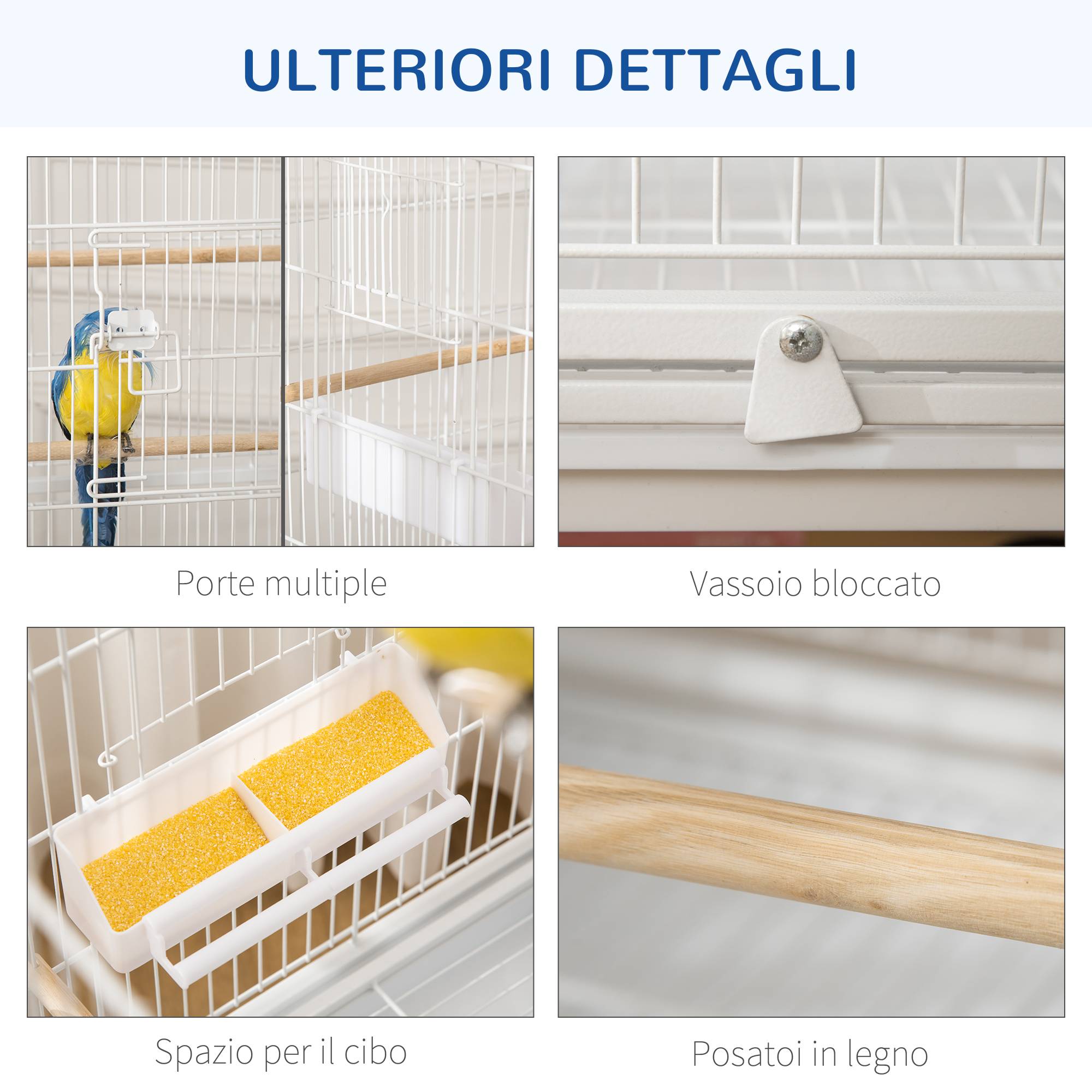 Cage pour oiseaux d'intérieur avec bac amovible, 4 roues et perchoir, 78x52x132 cm, blanc - Image 9