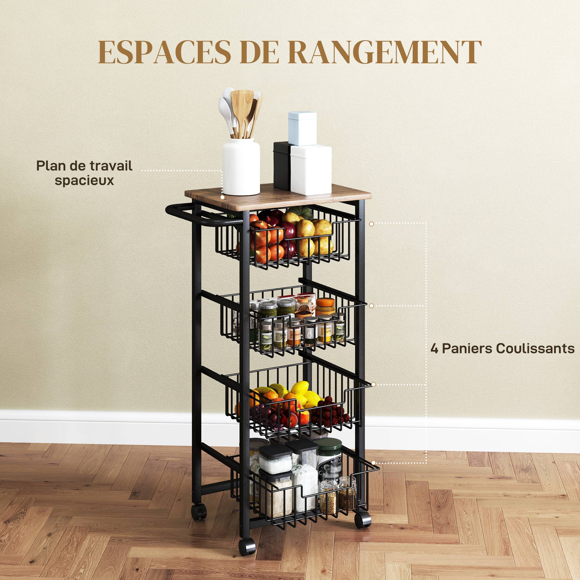 Chariot de rangement à 5 niveaux, desserte à roulettes, 4 paniers coulissants et plateau, 49,5x31x91cm, chêne et noir - Image 4