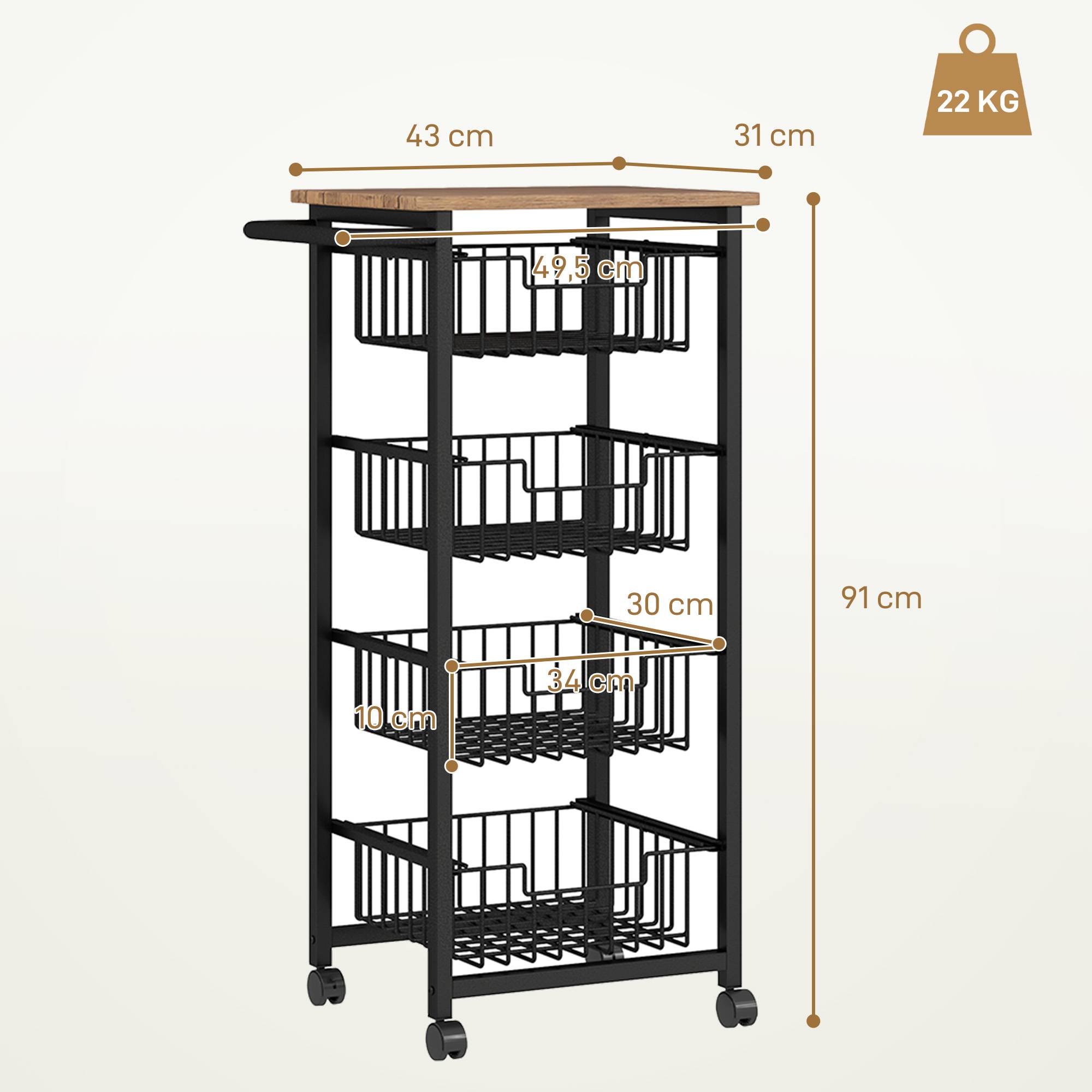 Chariot de rangement à 5 niveaux, desserte à roulettes, 4 paniers coulissants et plateau, 49,5x31x91cm, chêne et noir - Image 3