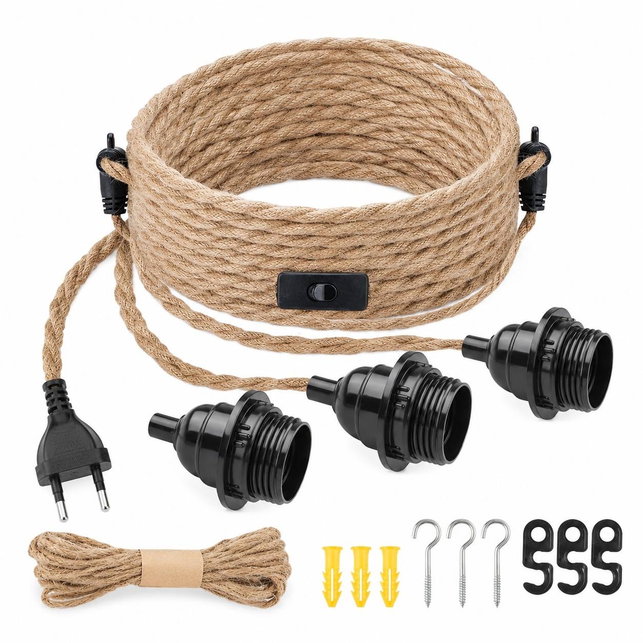 Suspension Tresse Chanvre Vintage 3 Douilles E27 avec Interrupteur - Image 1