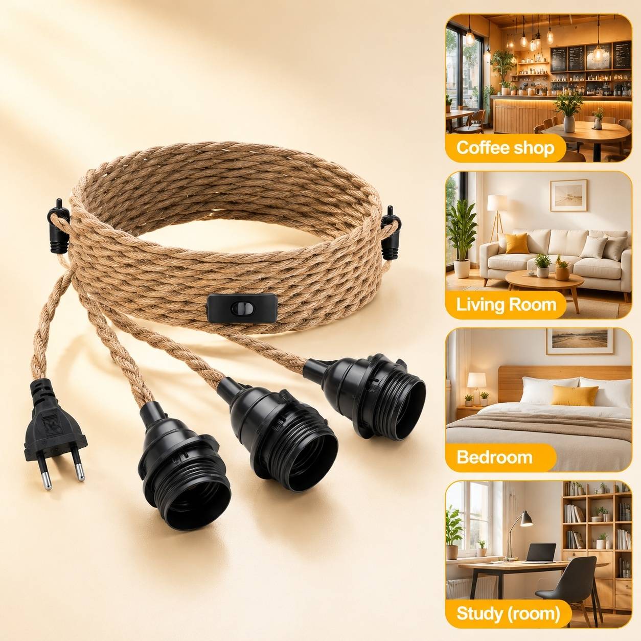 Suspension Tresse Chanvre Vintage 3 Douilles E27 avec Interrupteur - Image 7